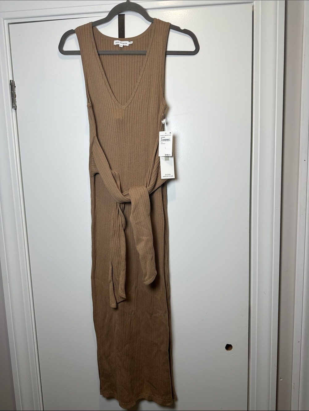 Good American Sleeveless Ribbed Maxi Dress in Brown with Tie (101)